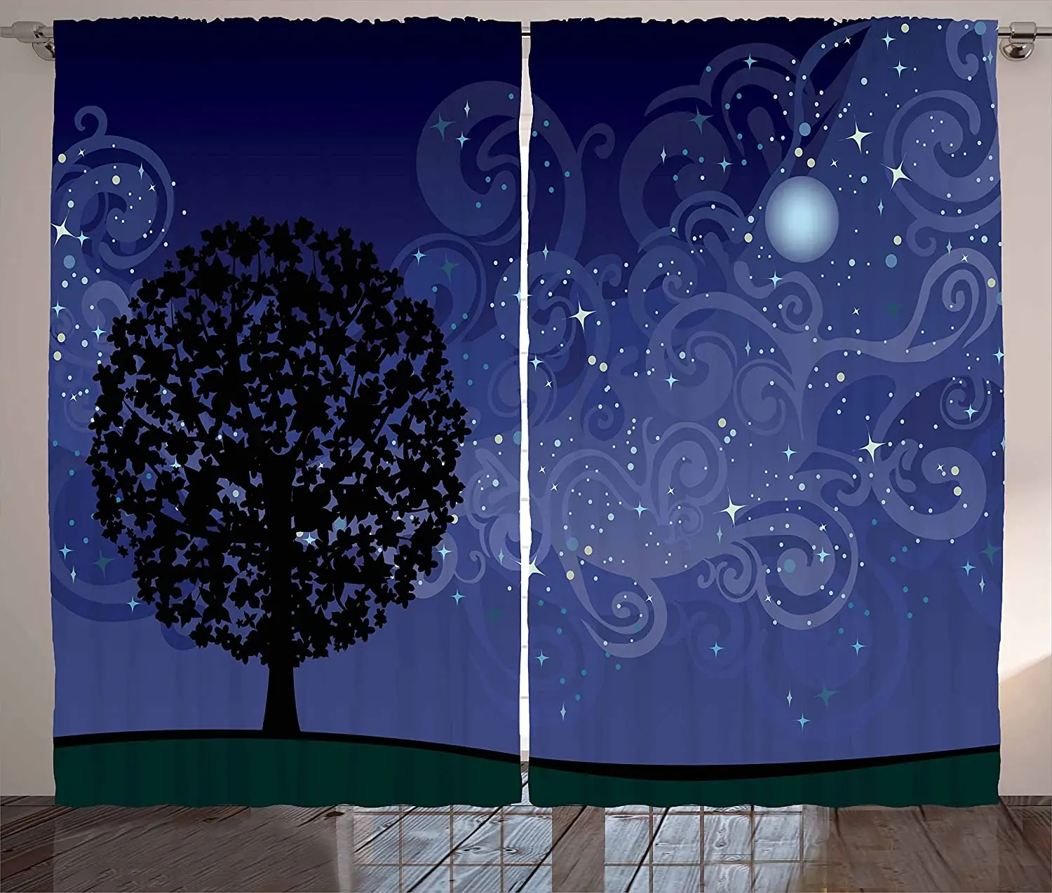 Starry Night Blackout Curtains Tree on a Hill with Star Filled Sky and Moon Milky Way Galaxy Window Curtain