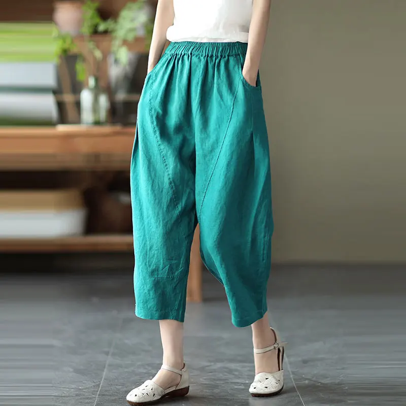 2022 Summer Arts Style Women Elastic Waist Ankle-length Loose Casual Pants Solid Cotton Linen Harem Pants 6 colour V604