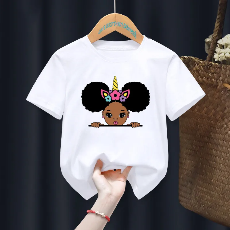 Afro Girl Print Boys/Girls White T-shirt Kid Summer Harajuku Kawaii Funny Clothes Little Baby Y2K Clothes,Drop Ship