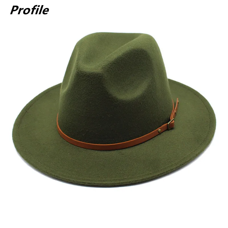 Navy green fedora hat autumn and winter big brimmed hat men and women felt hat Panama jazz fedora шляпа женская