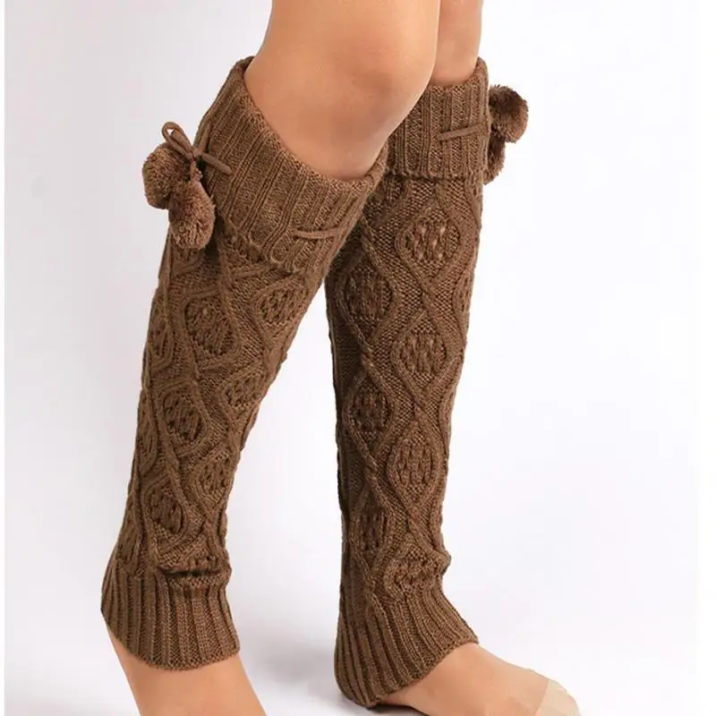 Mädchen Gestrickte Kneepad Warme Bein Wärmer Diamant Twisted Lange Fuß Abdeckung mit Ball Winter Boot Wärmer für Frauen