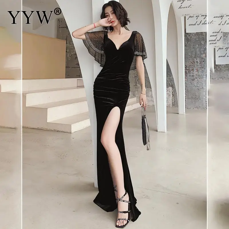 Women Evening Dress Long Formal Sexy Robe De Soiree Flare Sleeve Backless High Split Ladies Elegant Long Party Dress Vestidos