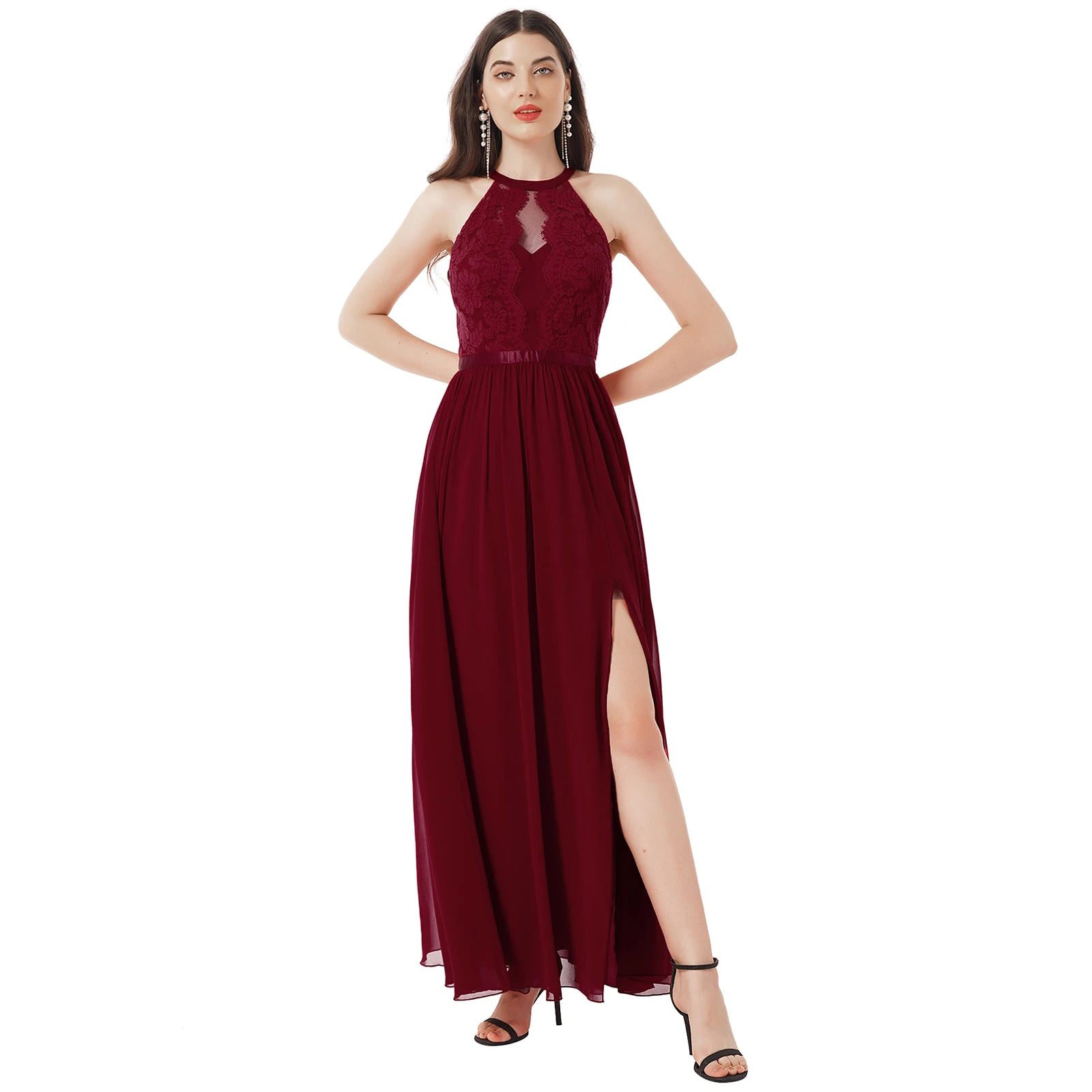 Robe de Demoiselle d\'Honneur en Mousseline de Soie et Dentelle pour Femme, Tenue de Soirée Sexy