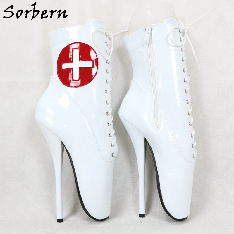 Sorbern Red Cross Nurse Ballet Boots Role Play Ankle High Booties Stilettos 18Cm Lace Up Unisex Plus Size Shoe Short Booties