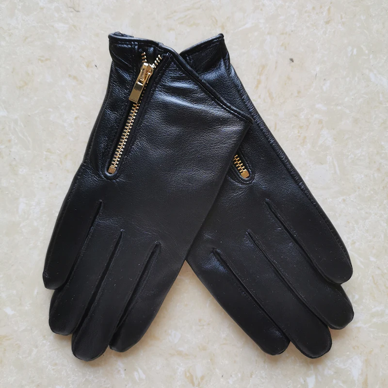 Genuine Leather Women Gloves Female Five Finger Sheepskin Gloves Short Style Fashion Elegant Zipper Design Black Red Color TB10