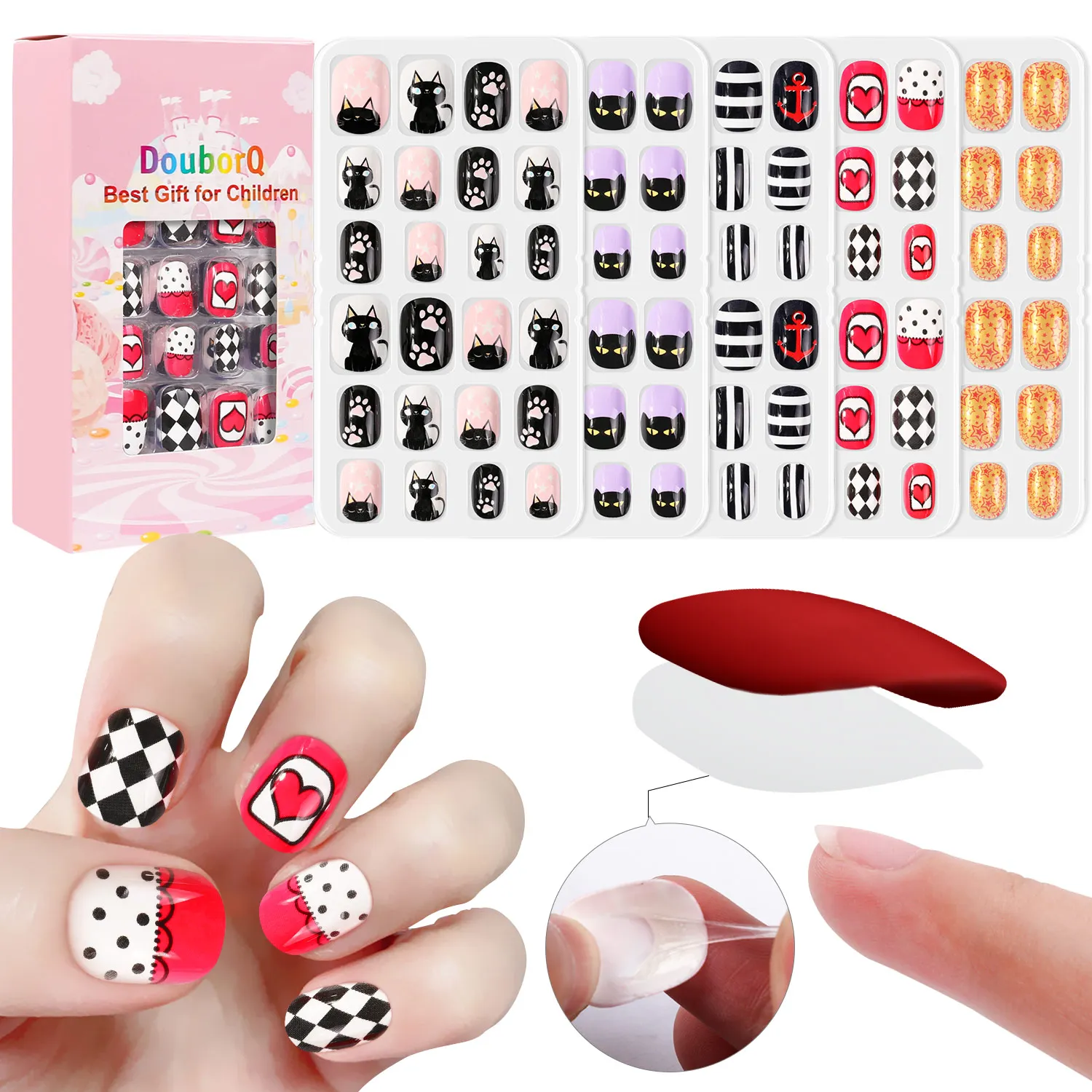 

Children False Nail Tips Cartoon Cat Full Cover Kid Glue Self Fake Nail Art for Girls DIY Manicure Tips Nails Decor