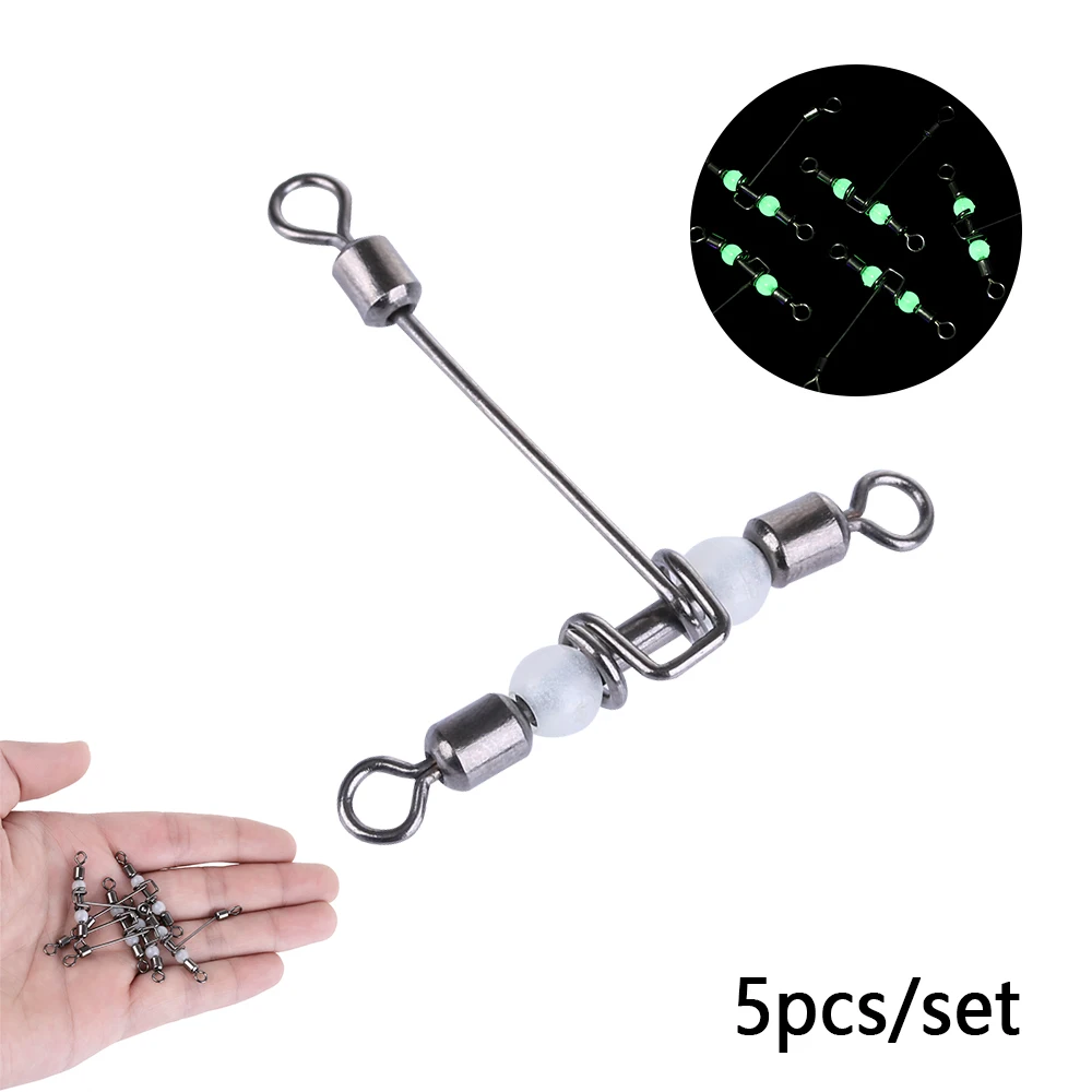 5PCS Stainless Steel T-Shape Fishing Swivels Luminous Fishing 3-Way Connector Cross Line Rolling Swivel With Pearl Fishing Tool