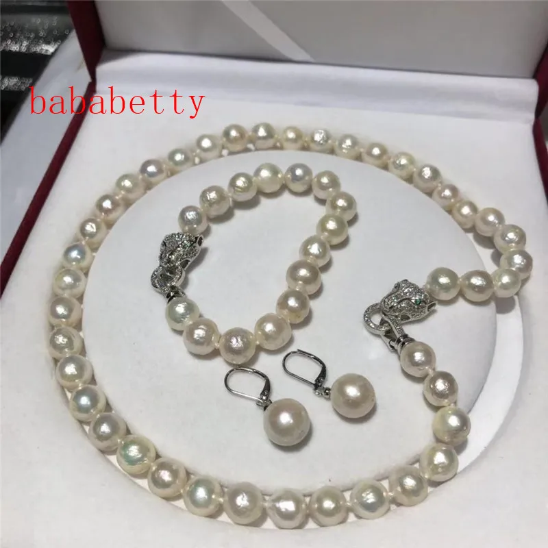 

New Natural Freshwater Culture 10-11MM white Irregular Baroque Pearl Necklace Bracelet Earring Set Leopard head clasp