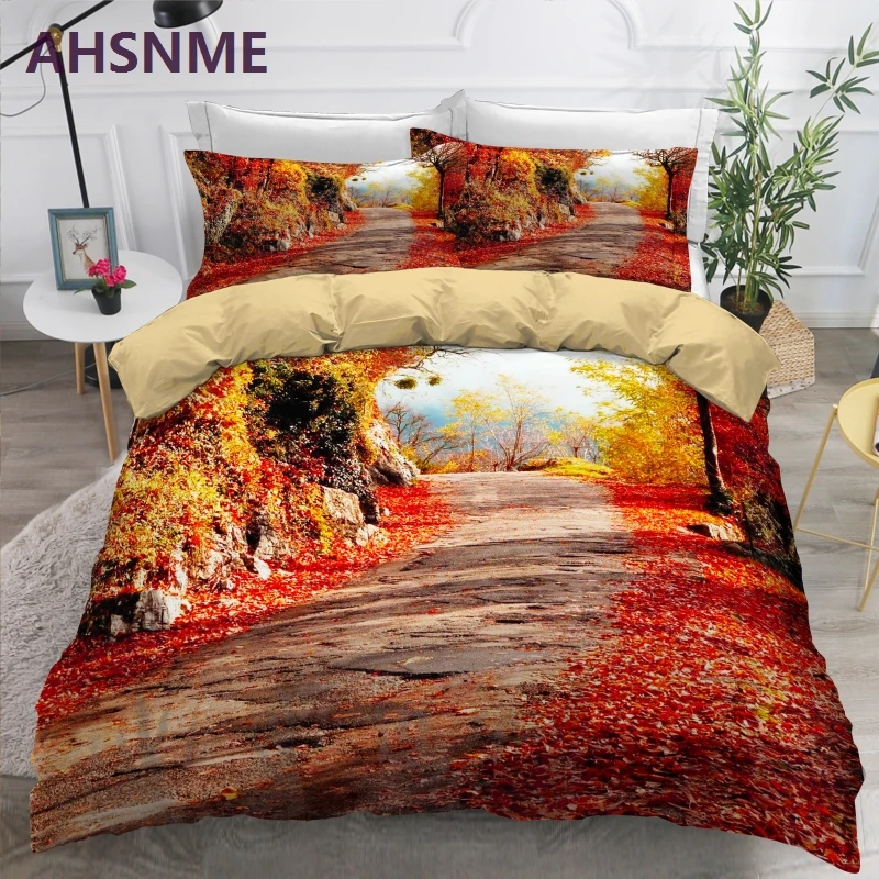 AHSNME Autumn Red Deep Forest Prairie Bedding Set Quilt Cover With Pillowcase No Sheets Comforter Bedding Sets Queen King Size