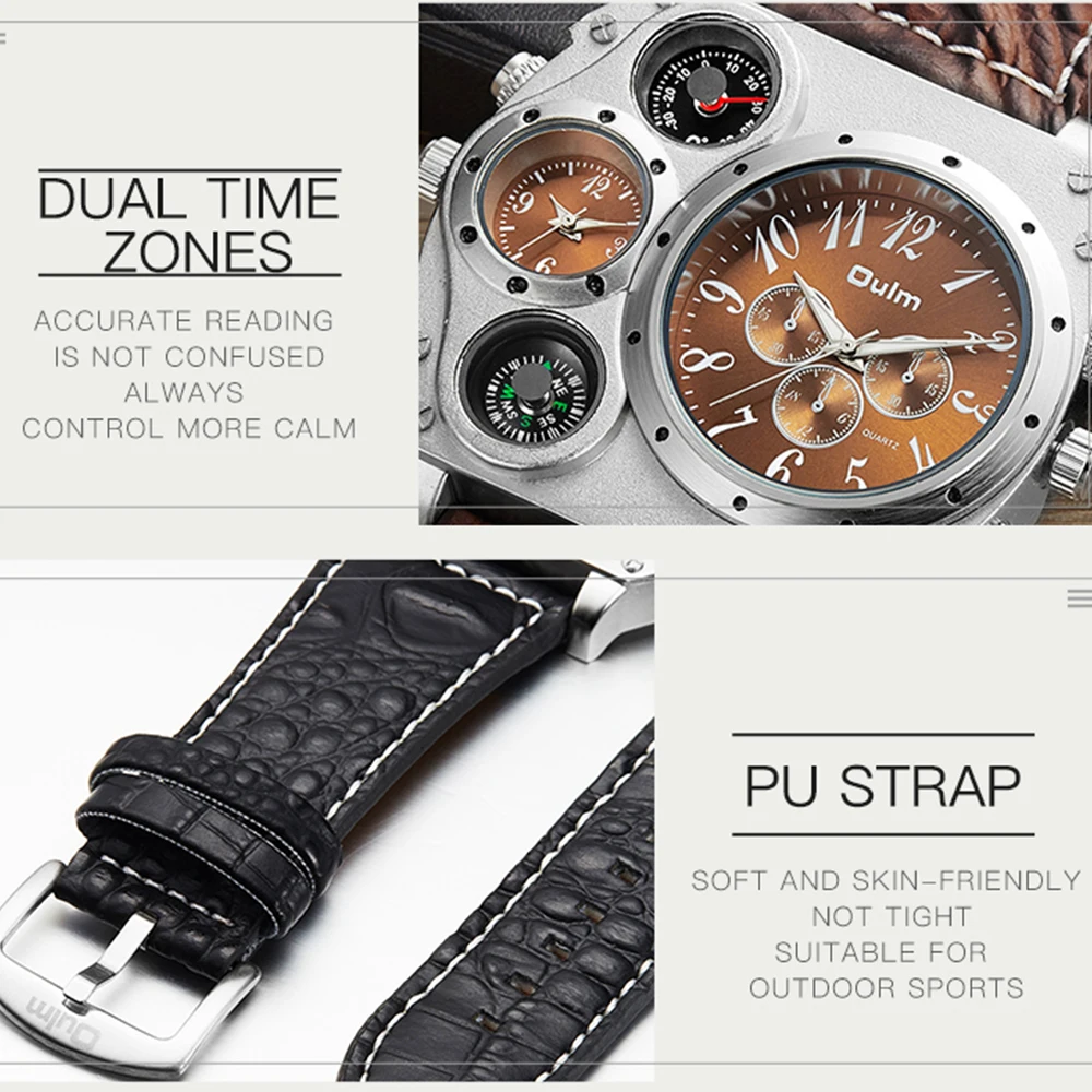 Reloj grande creativo para hombre, cronógrafo de cuarzo con múltiples esferas, pulsera deportiva militar con correa de cuero y brújula