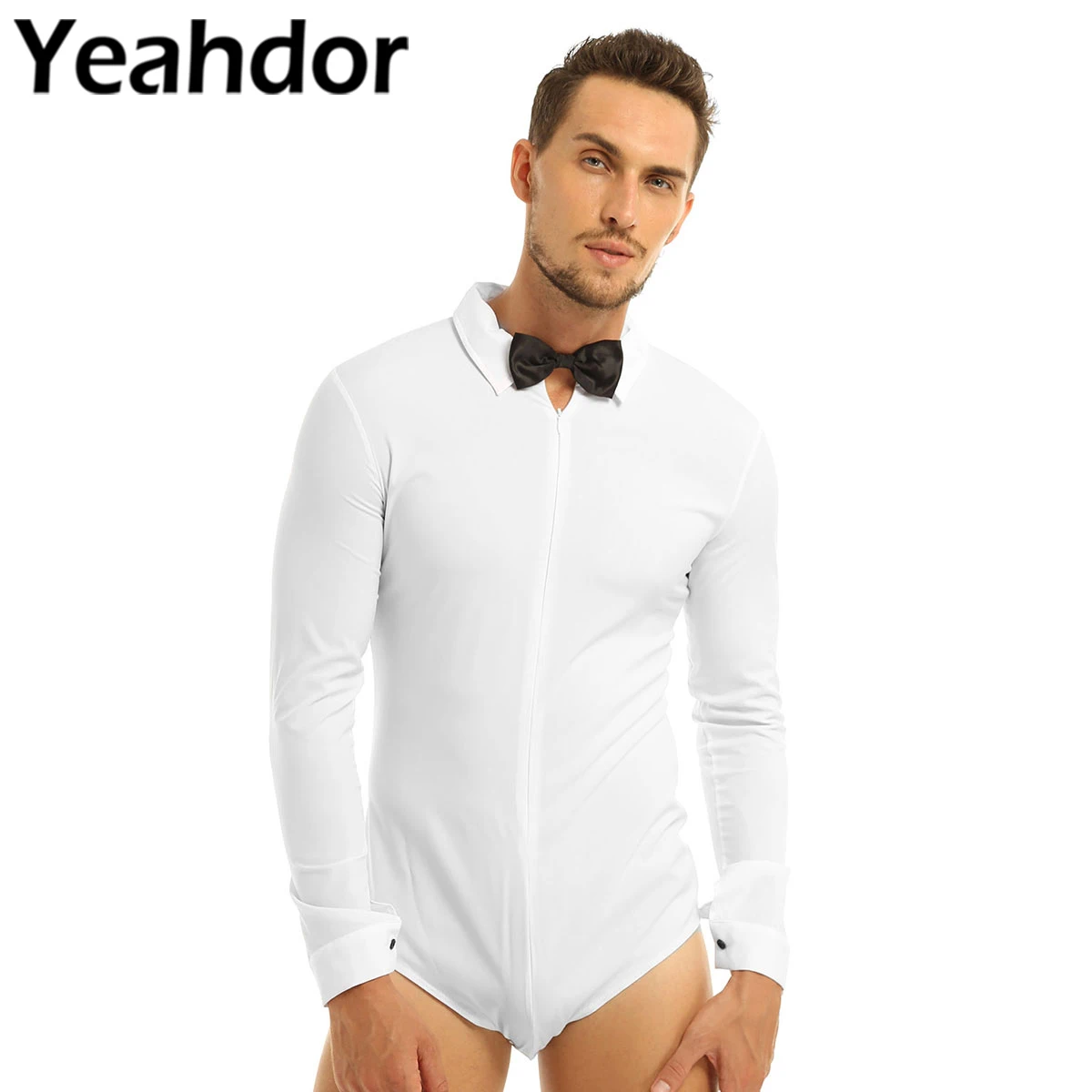 

Mens One-piece Romper Shirt Long Sleeve Zipper Solid Color Latin Modern Dance Shirt with Bowtie Male Soft Smooth Tuxedo Shirt