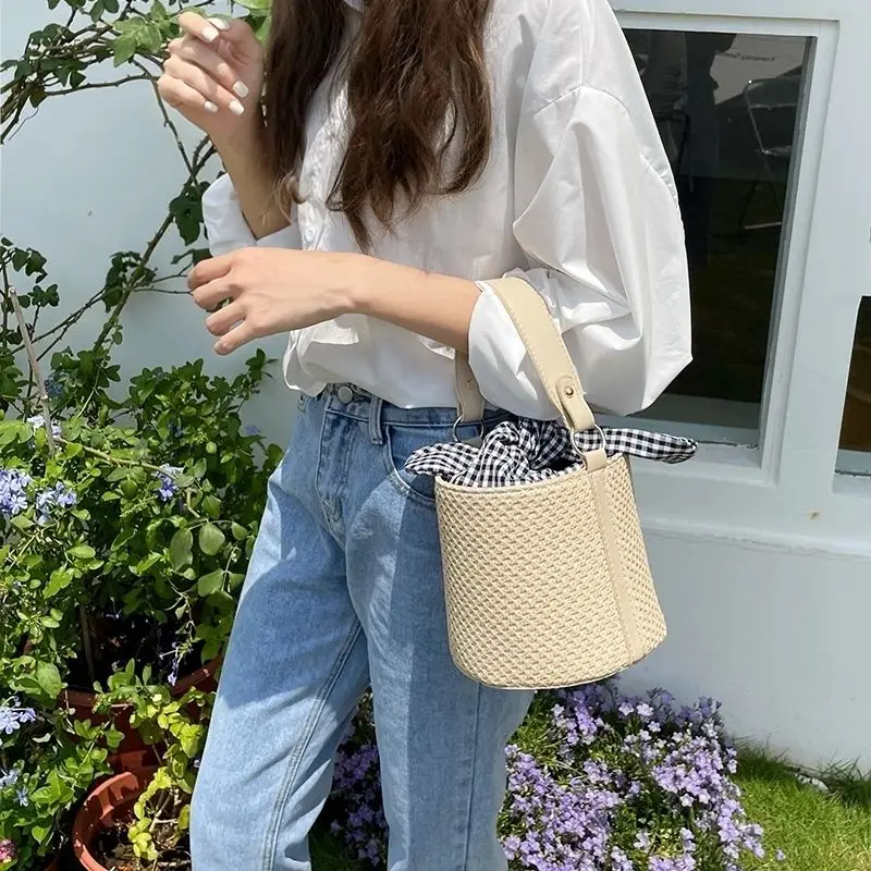 Woven Bags Women Bow Plaid String Cross-body Single-shoulder Summer Retro Stylish Top-handle Straw Bucket Bag Ulzzang Picnic Ins