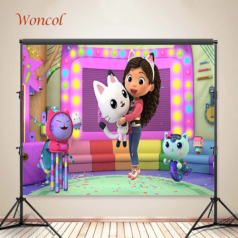 Woncol Gabby Dollhouse Photo Backdrops Girl Birthday Photography Backgrounds Princess Bedroom Decor Banner Wallpaper Photo Props