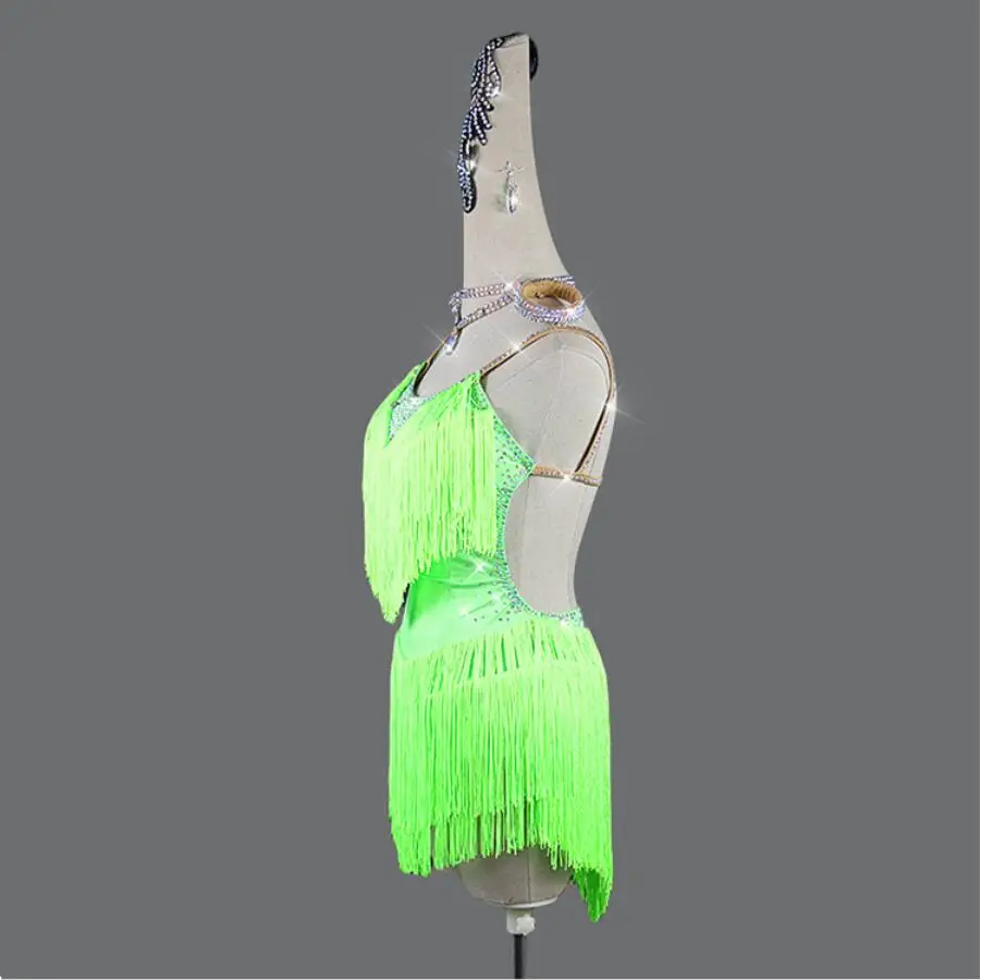 Latin Dance Dress Women Summer Green Sexy Backless Tassel Rumba Samba Latin Dance Skirt Competition Costume