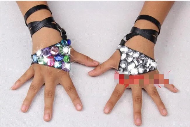 Women's fashion Hip-hop ds acrylic Rhinestone PU leather gloves lady's bandage night club performace punk gloves