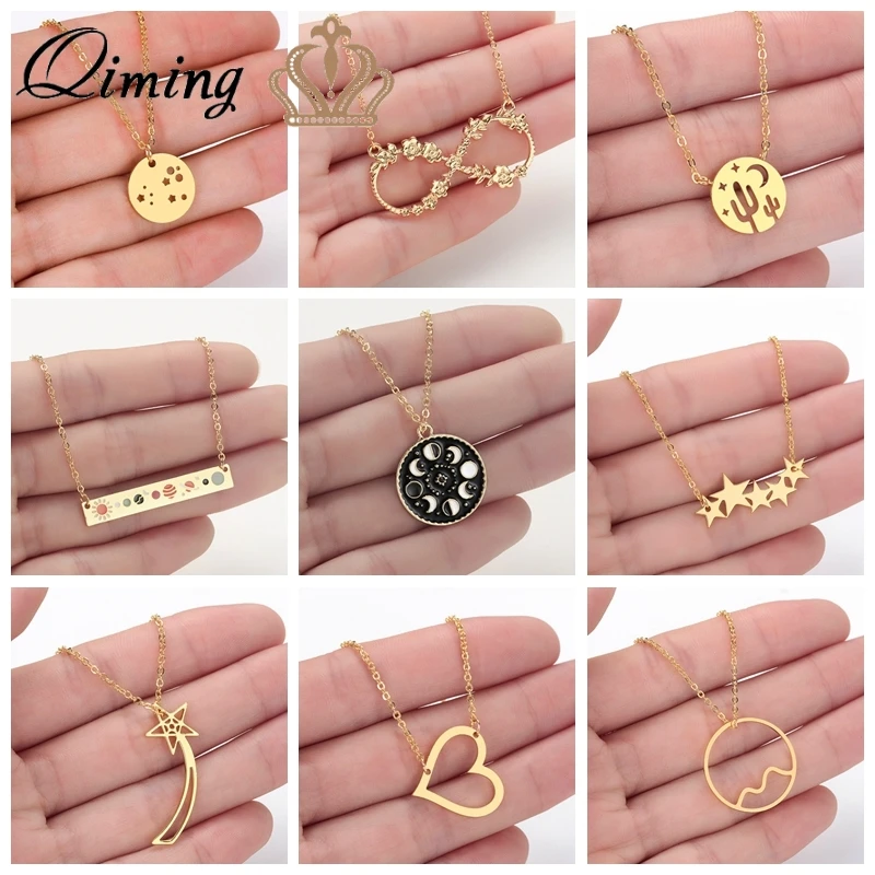 Stainless Steel Moon Phase Necklace Women Galaxy Jewelry Shooting Star Lunar Enamel Boho Pendant Gold Necklace Gift