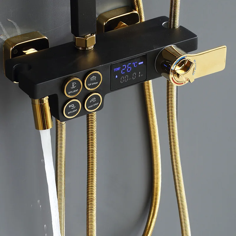 Smart Thermostatic Shower Set Black Gold Bathroom Shower Mixer Faucets Intelligent Rainfall Thermostatic Digital Bath Shower Set