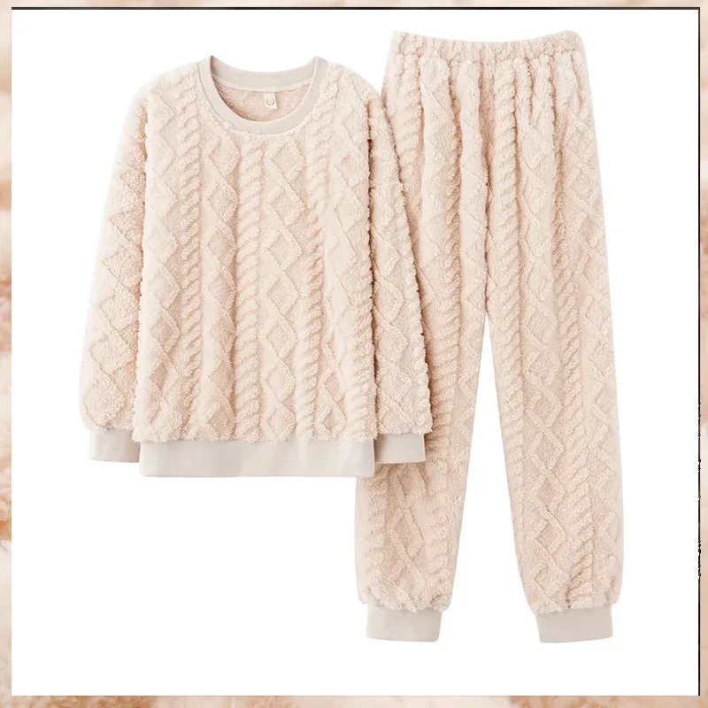 Women’s Ultra-Soft Velvet Pajama Sets Winter Thicken Plush Pajamas Suit Coral Velvet Sleepwear Long-Sleeve Pants Nightwear