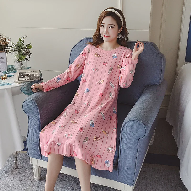 Ladies sweet autumn new home clothes cotton long-sleeved cartoon nightdress casual nightdress cute nightdress cool breathable