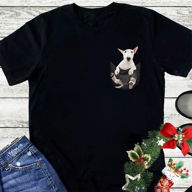 Cotton T-Shirt Fashion Brand Summer Pocket Bull Terrier Printed T-shirt Men Women Casual T-Shirts Hip Hop Tops Funny Cotton Tees