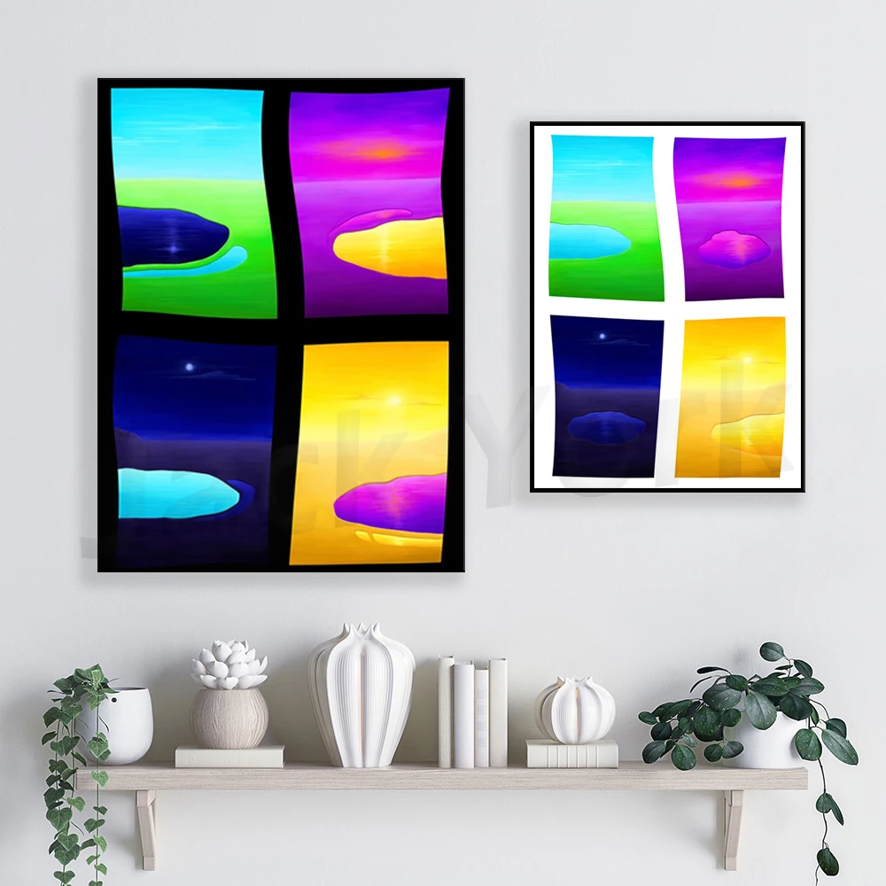 Surreal Window View Painting. Wall Art. Livingroom Decor For Prints on Canvas, Poster, Giclee. Lake Sea Landscape Sunset Scenery