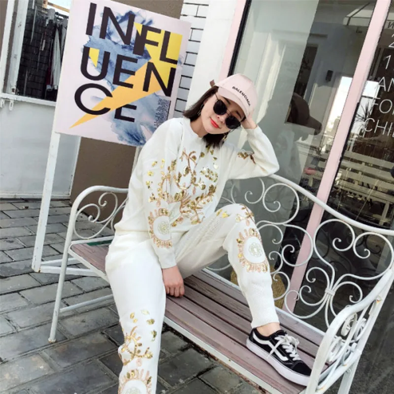 2023 Autumn 2 Piece Sets Women Gold Leaf Flower Embroidery Sequin Knitted Sweater Casual Trouser LO Women‘s Two Piece Outfits