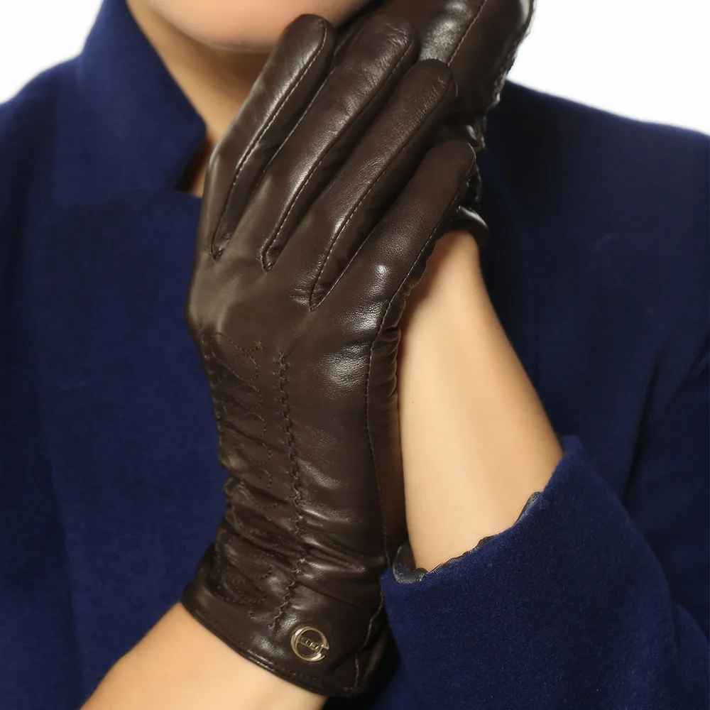 New Fashion Winter Gloves Women Wrist Solid Real Genuine Leather Black Lady Sheepskin Glove Promotion Free Shipping EL001NR