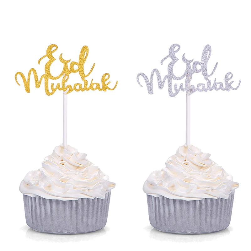 Gold Silver Glitter Eid Mubarak Cupcake Toppers EID Ramadan Festival Bunting Islamic Muslim Mubarak Party Decoration