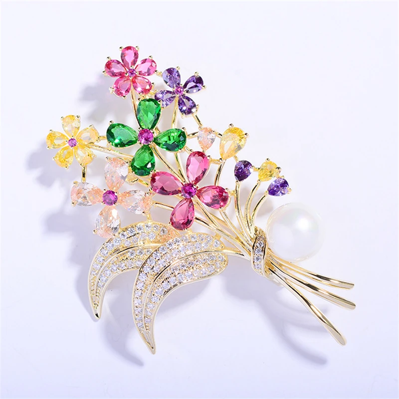 Luxury AAA Cubic Zirconia Flower Brooches For Women Pearl Pins Brooch Sweater Corsage Colorful Crystal Rhinestone Jewelry Gifts