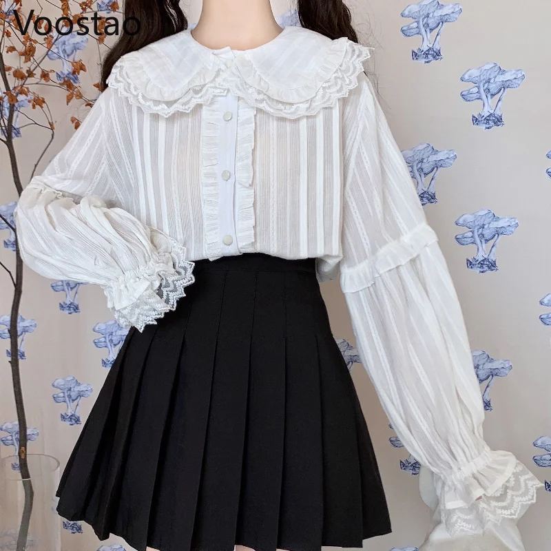 Lindo japonés estilo Lolita Blusas primavera y otoño de las mujeres Kawaii encaje con volantes de manga larga Camisetas JK chica dulce suelto Blusas Mujer