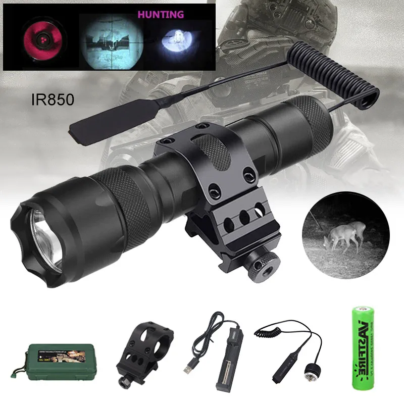 Tactical IR 850nm/940nm LED Flashlight Night Vision IR Hunting Hog Fill Light+45° Rifle Scope Mount+Switch+18650+USB Charger+Box