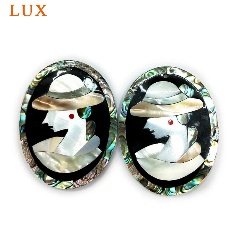 

Wholesale natural oval shell pendant Vintage Inlayed Mosaic sea Shell Hat Lady pendant for necklace making