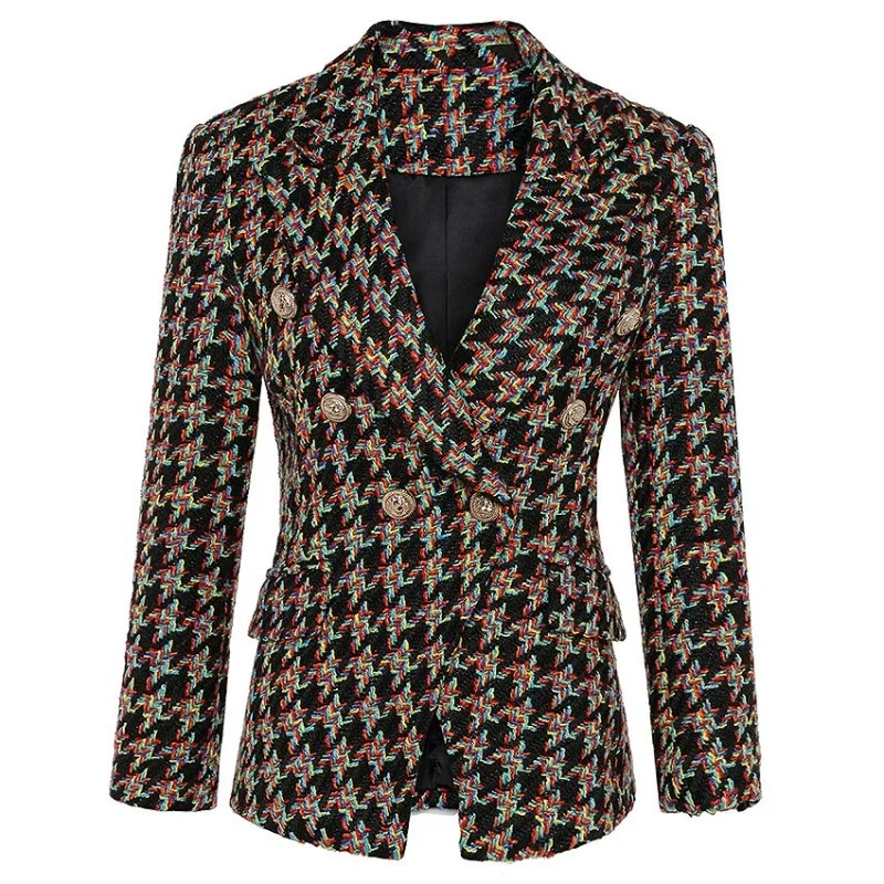 Sale Hot New Brand Women Color Line Weaving Plaid Tweed Blazer Coat Ladies Double Breasted Slim Fit Plus Size XXL Female Blazer