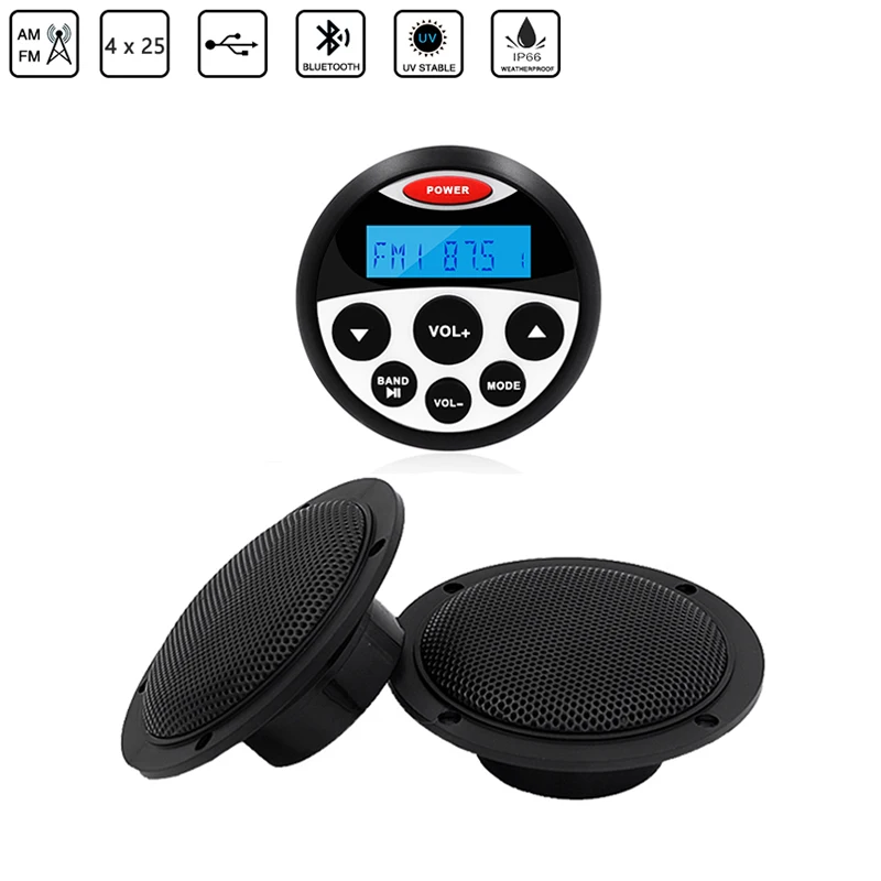 

Marine Stereo Bluetooth Boat Audio Radio FM AM Receiver MP3 Player+4inch Waterproof Marine Speakers For RV ATV Yacht Motorcycle