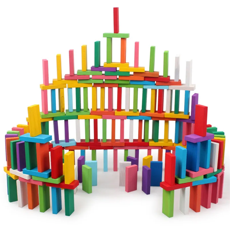 100/200/300/500 PCS Wooden Rainbow Domino Building Blocks Toys For Children Dominoes Games Early Educational Bright Toy Gifts