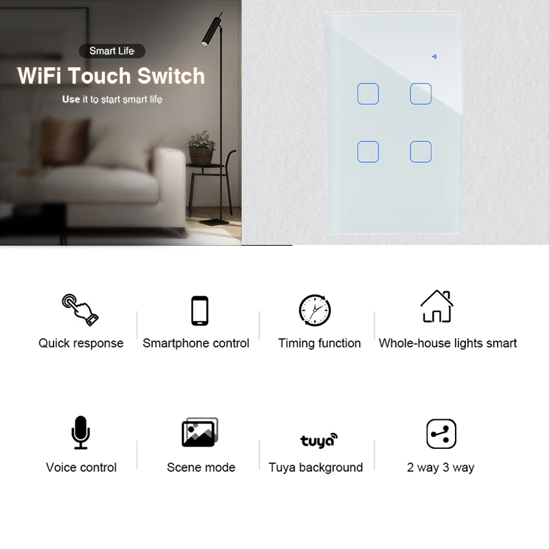 Interruptor inteligente wi-fi, tela de vidro, painel de toque, controle por voz, sem fio, de parede, funciona com alexa, google home, 1/2/3/4 gang