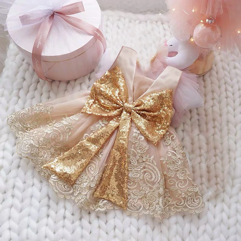 Flower Champagne 1srt Birthday Dress For Baby Girl Clothes Princess Dresses Baptism Dress Infant Vestidos Toddler Ceremony