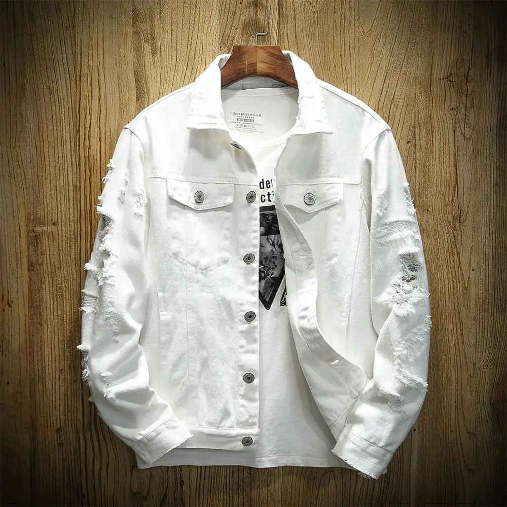 New Brand Spring Autumn Men's Jean Jacket Slim Fit Cotton Denim Jacket White Ripped Hole Jean Coats Men Outwear Youth Men 6XL