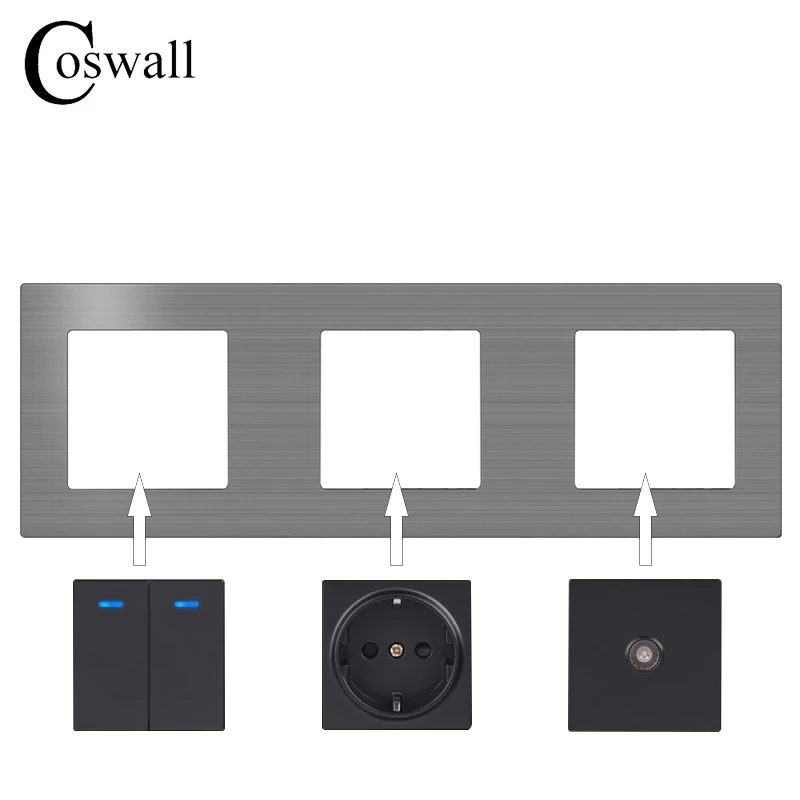 COSWALL L1 Series Grey Gray Brushed Aluminum Panel Wall Switch EU French Socket HDMI-compatible USB Charger TV RJ45 Modules DIY