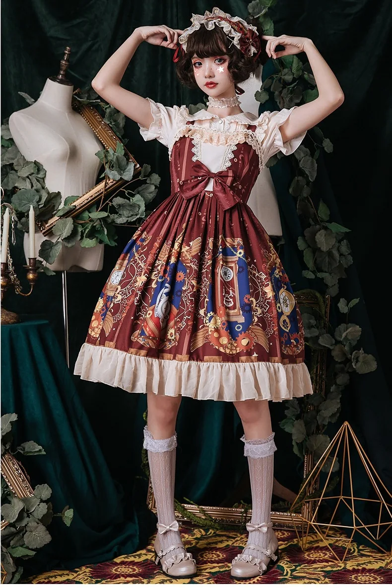 Robe Vintage en dentelle avec nœud papillon pour fille, tenue gothique, lolita douce, bretelles, imprimé victorien, kawaii