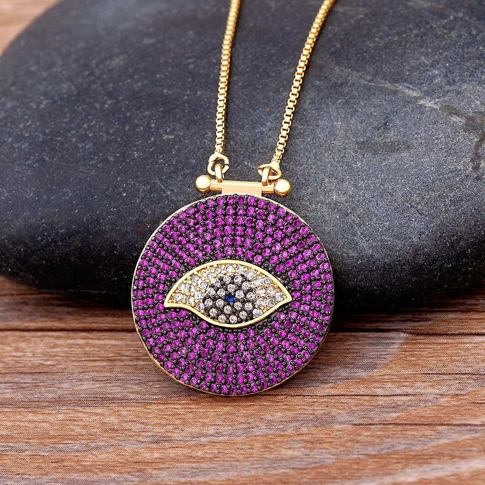 Classic Round Shape Cubic Zirconia Evil Eye Pendant Green/Purple Color Lucky Turkish CZ  Necklace Copper Link Chain Jewelry Gift