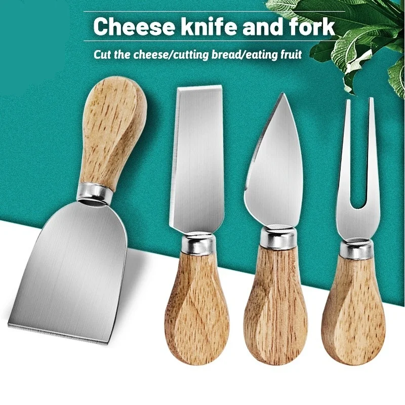 4pcs/set Stainless Steel Cheese Knives Oak Handle Cheese Cutter Cheese Board Butter Spatula Kitchen Cake Cheese Tools