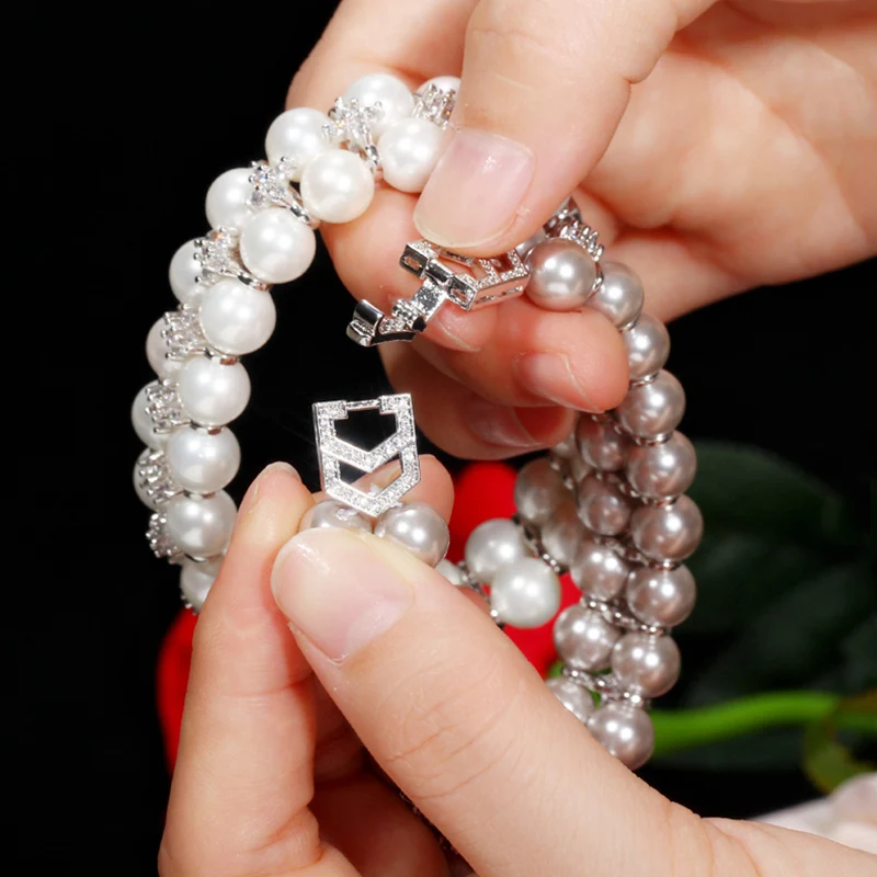 Pera élégant femmes couleur argent Double rangée ronde large gris perle bracelet bracelets pour mariage mariée cubique zircone bijoux B157