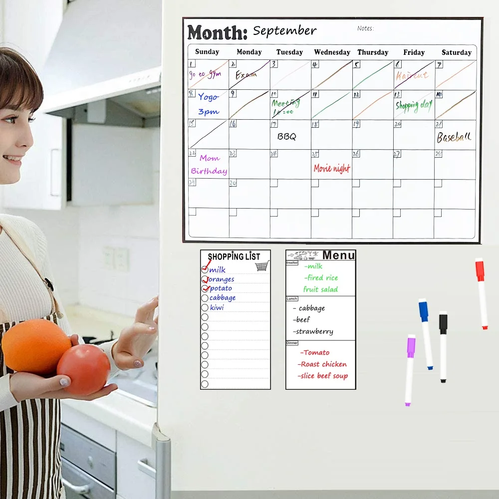 

3pcs Set Dry-erase Magnetic Fridge Planner Magnetic Calendar White Board for Refrigerator Monthly Weekly Organizer Daily Notepad