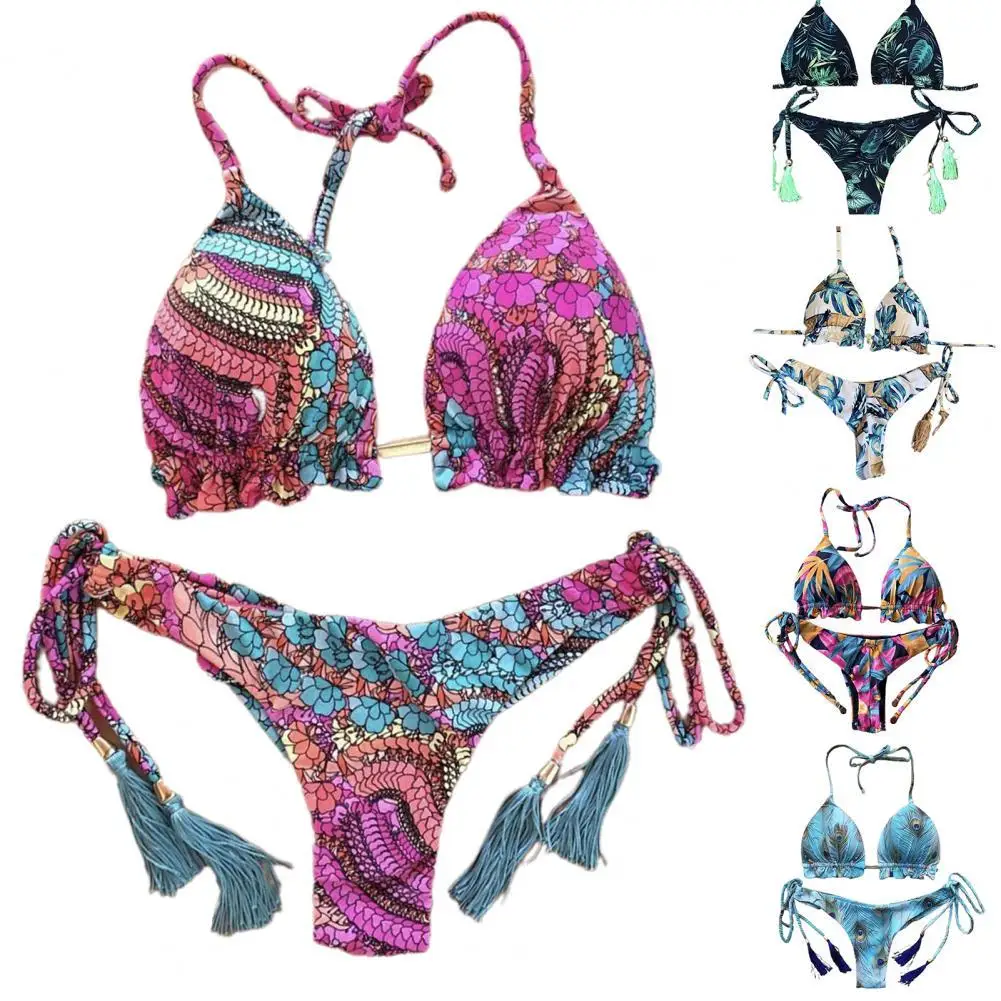 Bikinis Suit Women Swimwear Floral Print Push Up Halter Bra Briefs Bikini Set Swimsuit Swimming Pool Bathing Suit Beach Wear