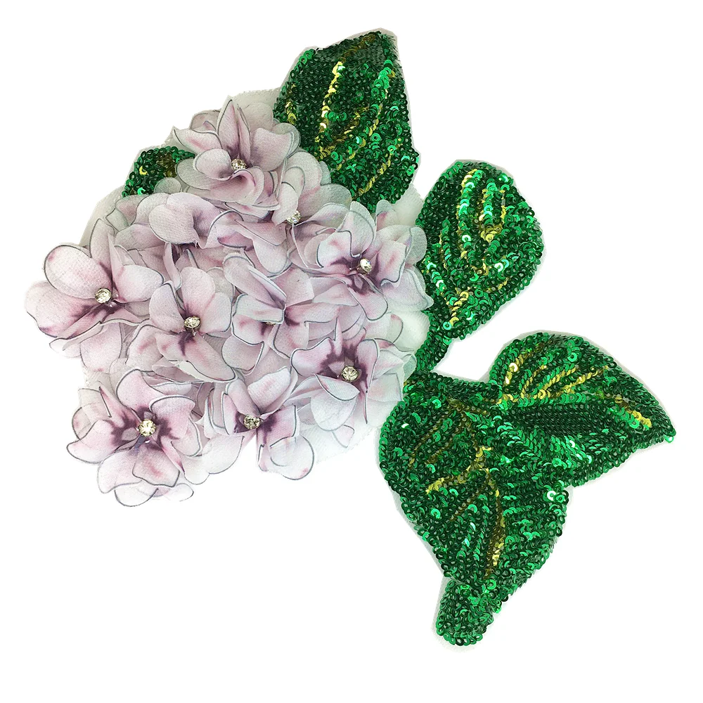 3pc 3D Flower Patch Applique Rhinestone Sequin Beaded Patches For Clothing Appliques Parches Sew On Hydrangea Wisteria AC1531