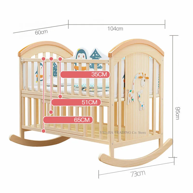 Natural Pine Wood Rocking Cradle Have Mosquito Net, Multifunctional Baby Crib, 104*60*95cm, Can Joint Adult Bed