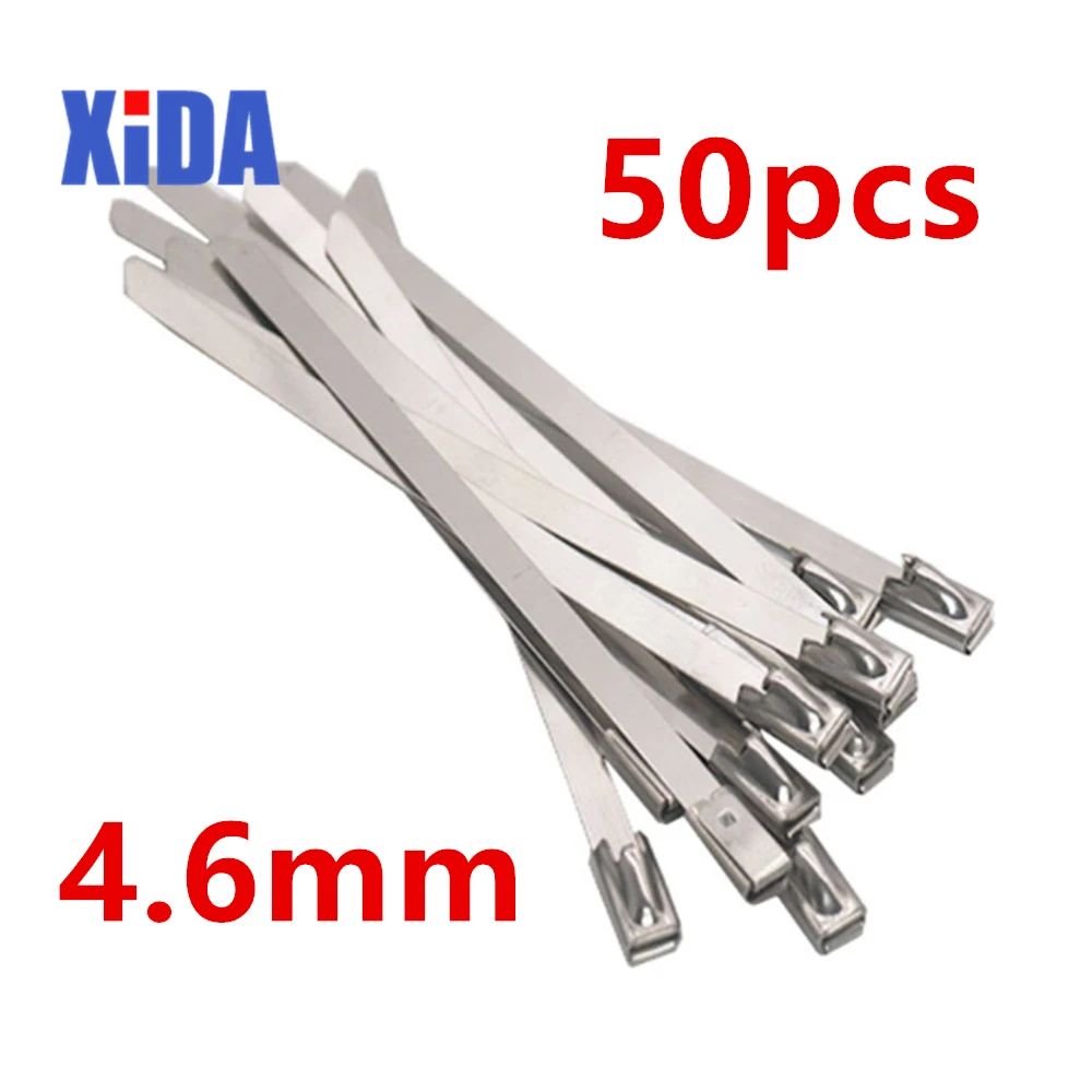 50Pcs S304 Stainless Steel Cable Ties 4.6mm Heavy Duty Self-Locking Cable Zip Tie Multi-Purpose Metal Exhaust Wrap Locking Ties