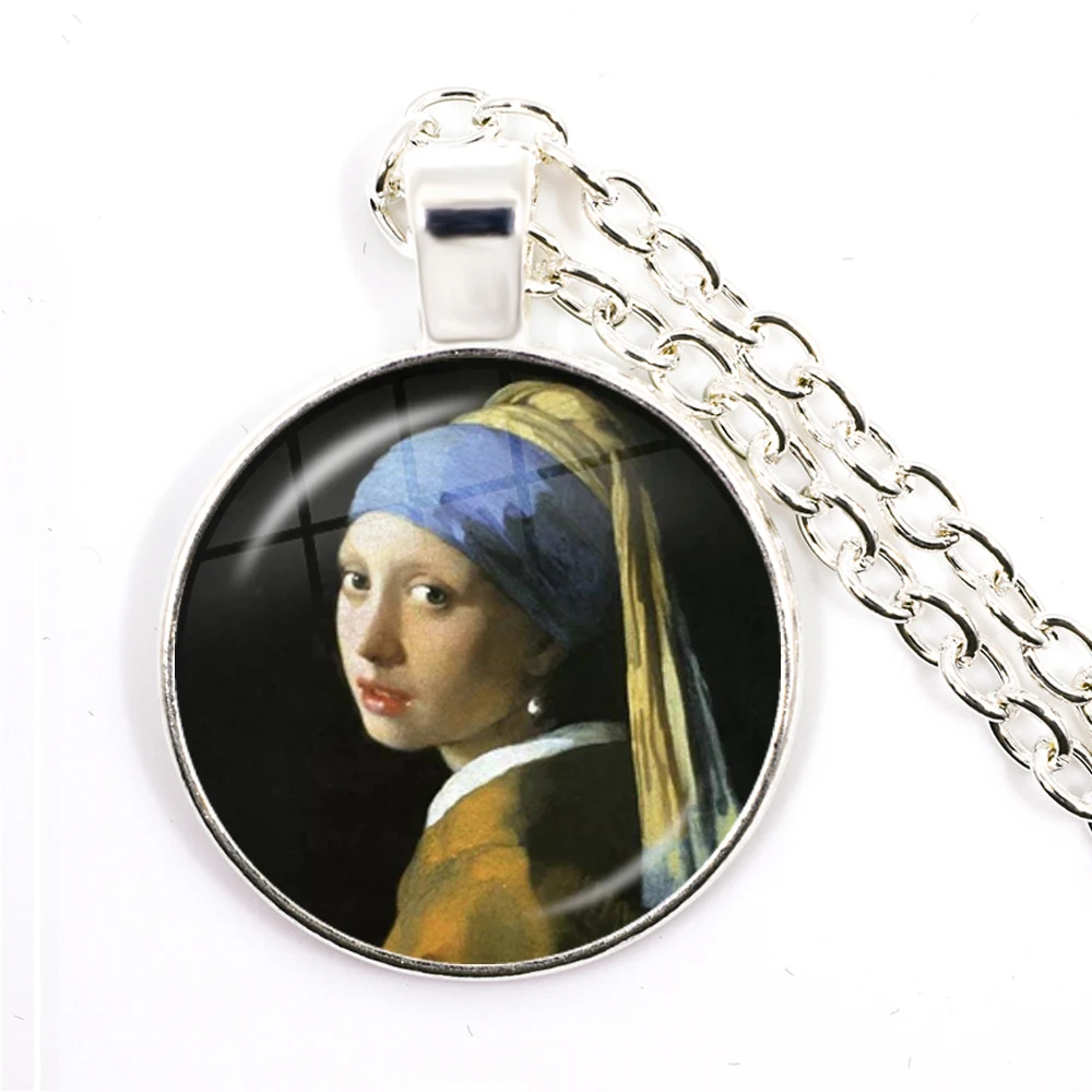 Charm Girl Wearing Pearl Johannes Vermeer Art Oil Painting Pendant Necklace 25mm Glass Cabochon Jewelry for Women Girls Gift