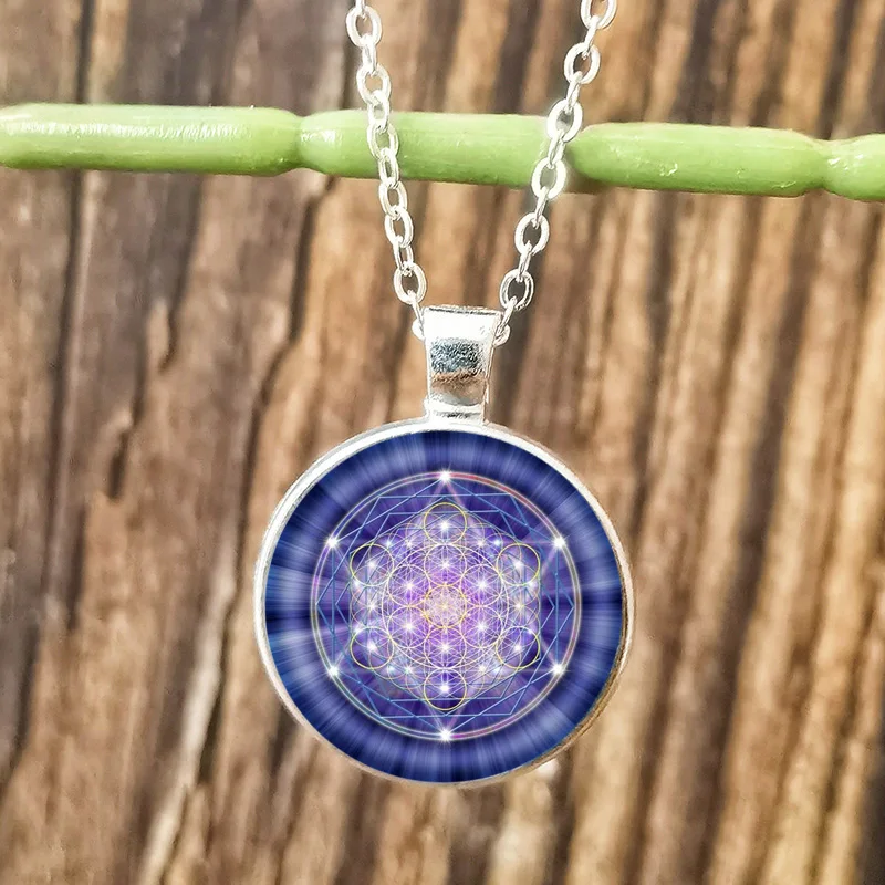 Geometry Metatron Cube Necklace for Men Lady Sri Yantra Flower of Life Glass Round Pendant Chain Necklaces Hexagram Jewelry